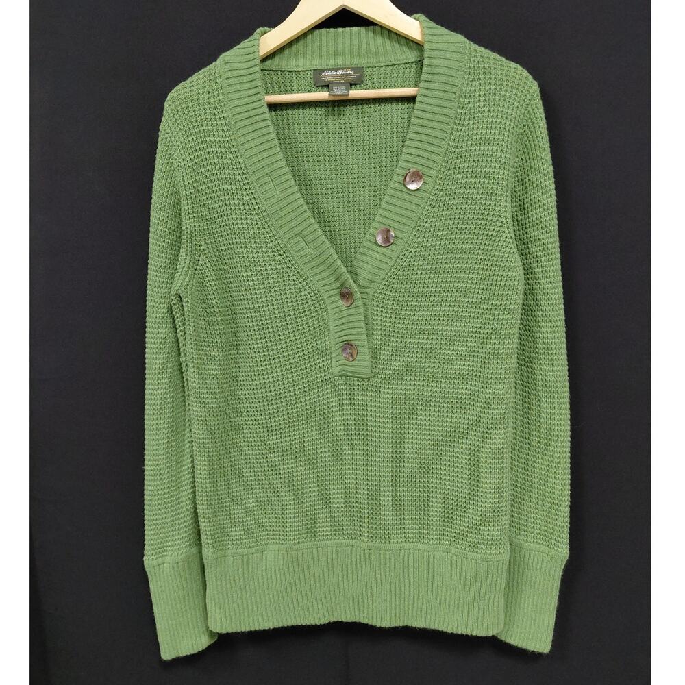Eddie Bauer Angora Blend V-Neck Sweater Green Women Solid Knit Size L